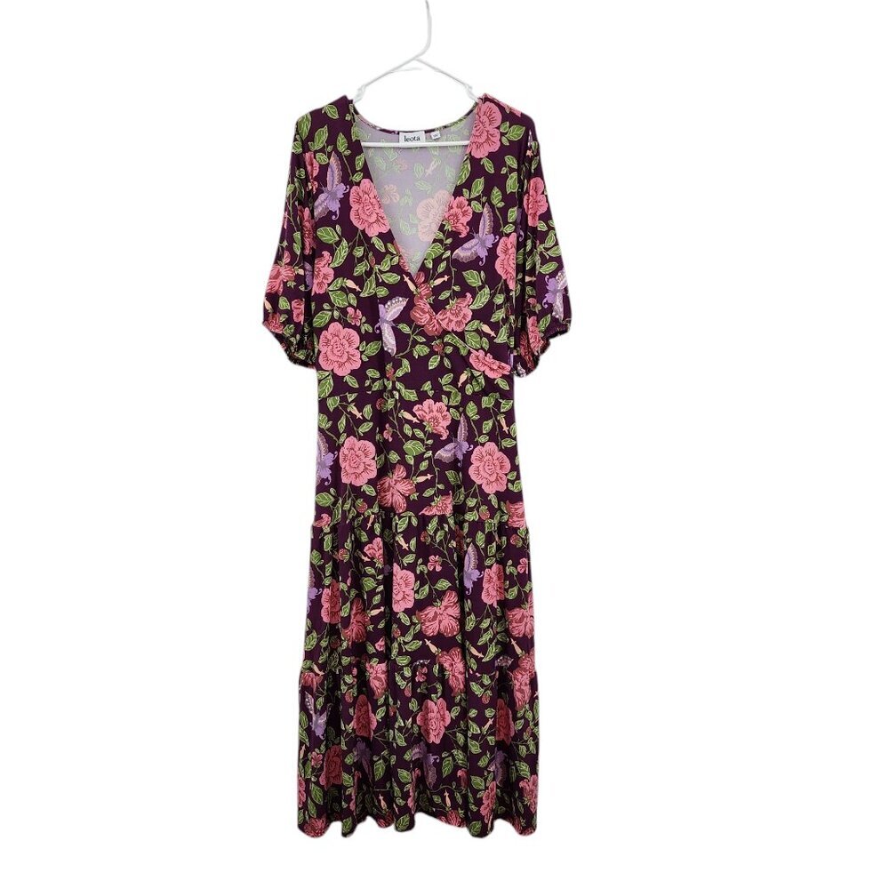 Leota Women's Plus Drew Floral V Neck Midi Skirt Raspberry Radiance Sz 2X